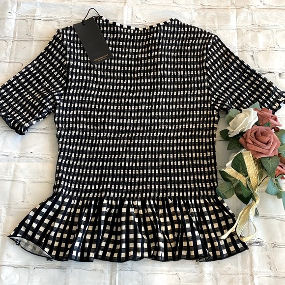 Scotch & Soda NWT Smocked Peplum Top Black & White Checkered - Picture 6 of 13